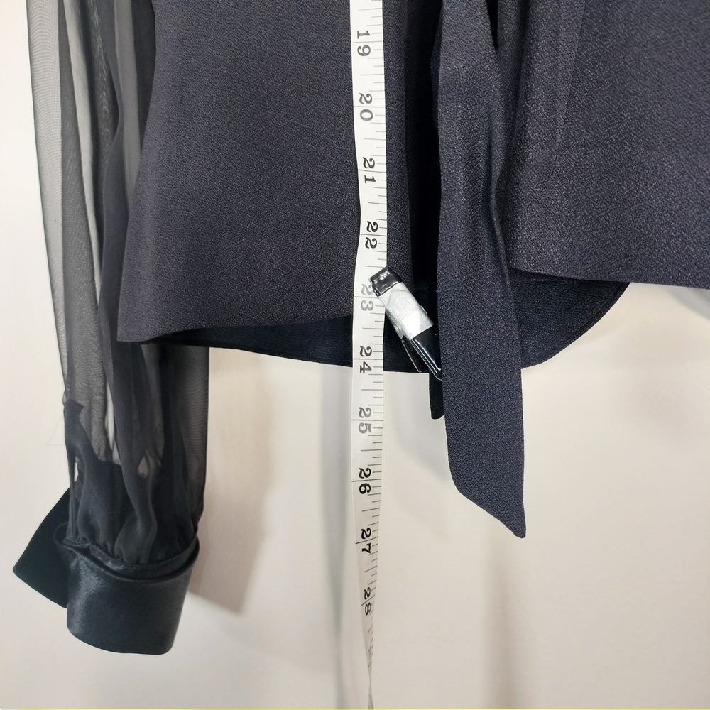 Cache Black Blazer Blouse; Sheer Sleeves Tuxedo Style Satin Trim Tie Back